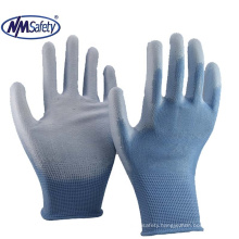 NMSAFETY cheap  light blue polyester coated PU garden gloves working glove